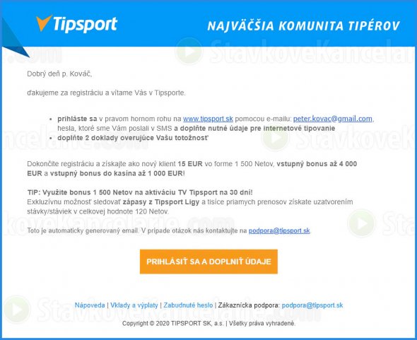 Registrácia na www.tipsport.sk bola úspešná