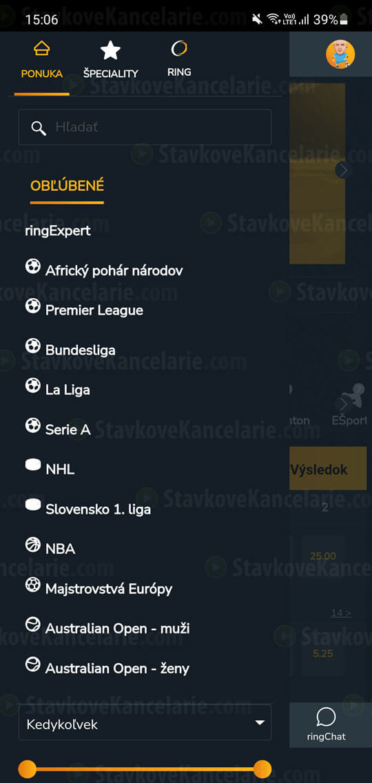 Bočné menu v mobilnej aplikácii betRing
