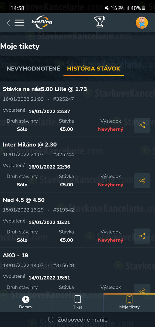 História tiketov v betRing aplikácii