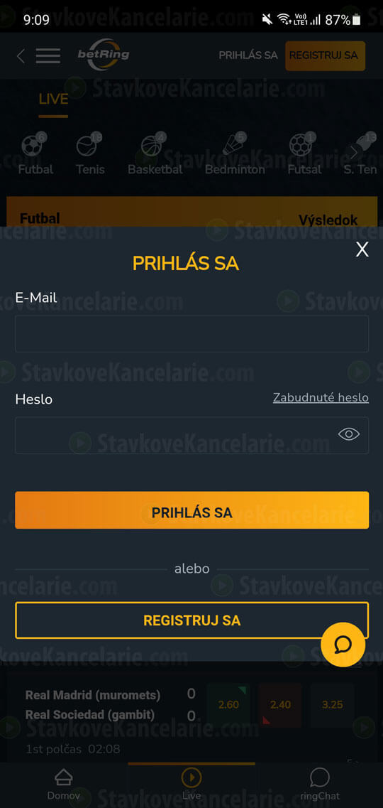 Spustenie betRing apk
