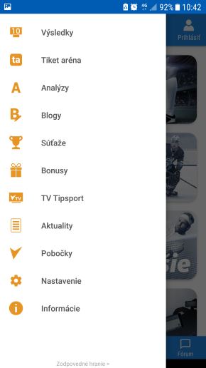 Hlavné menu Tipsport aplikácie