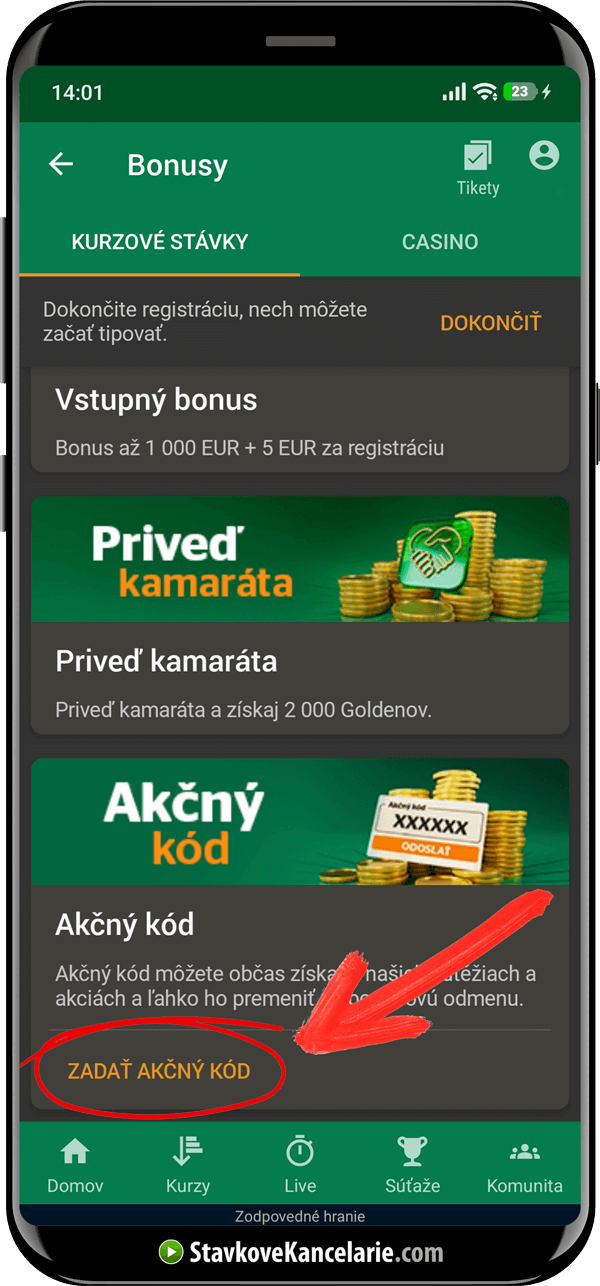 Kde sa zadáva akčný kód Tipsport