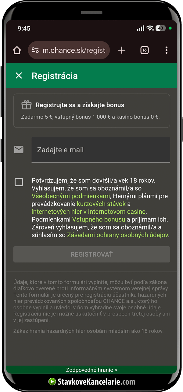 Kde zadať e-mail pri Chance registrácii