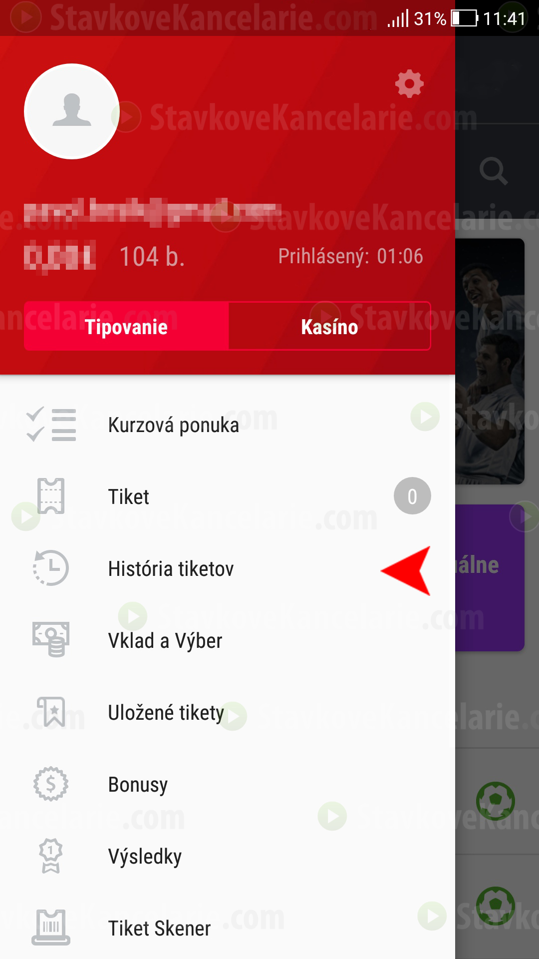 Filter podaných tiketov v aplikácii DOXXbet