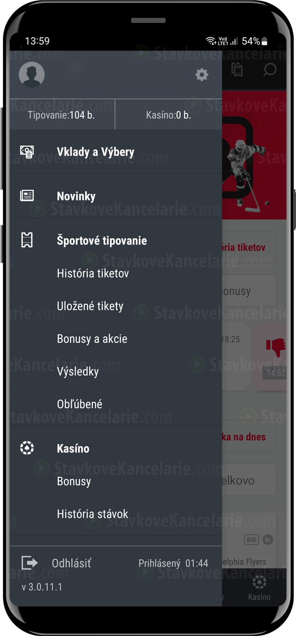 Bočné menu mobilnej aplikácie DOXXbet