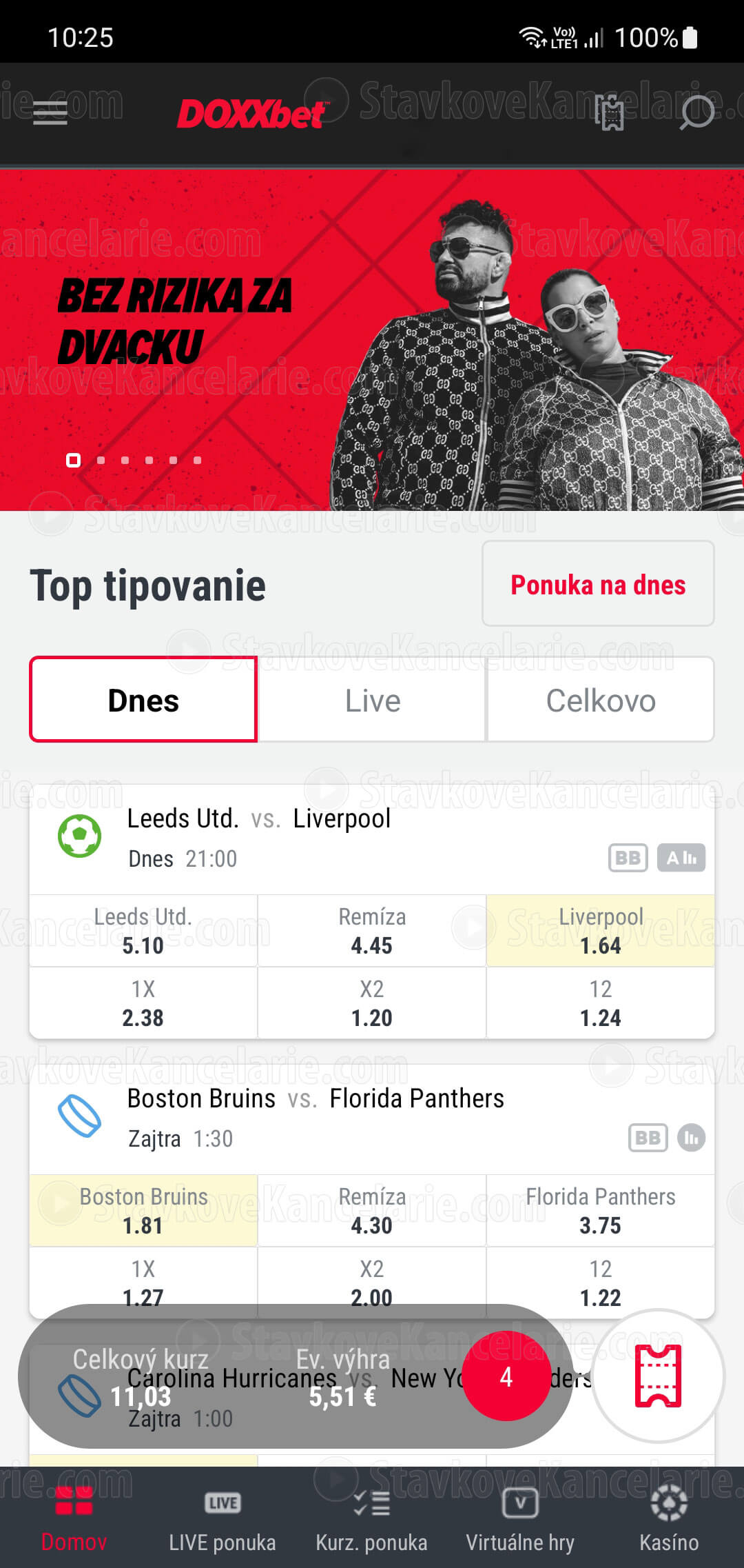 Bočné menu v mobilnej aplikácii DOXXbet