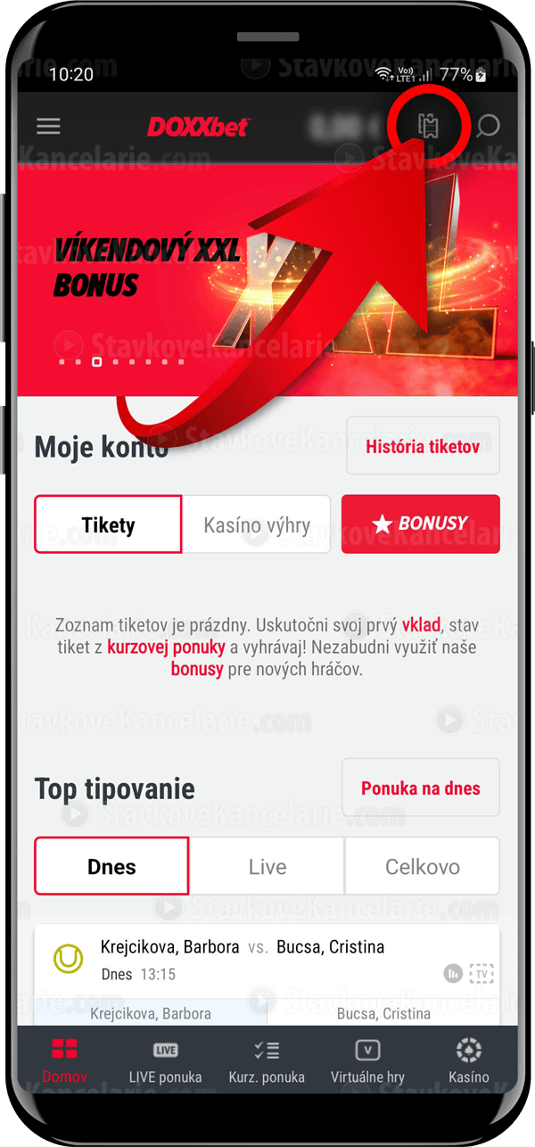 Kontrola tiketu v DOXXbet aplikácii