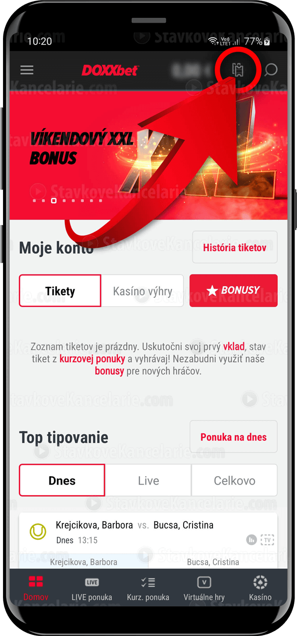 Kontrola tiketu v DOXXbet aplikácii 