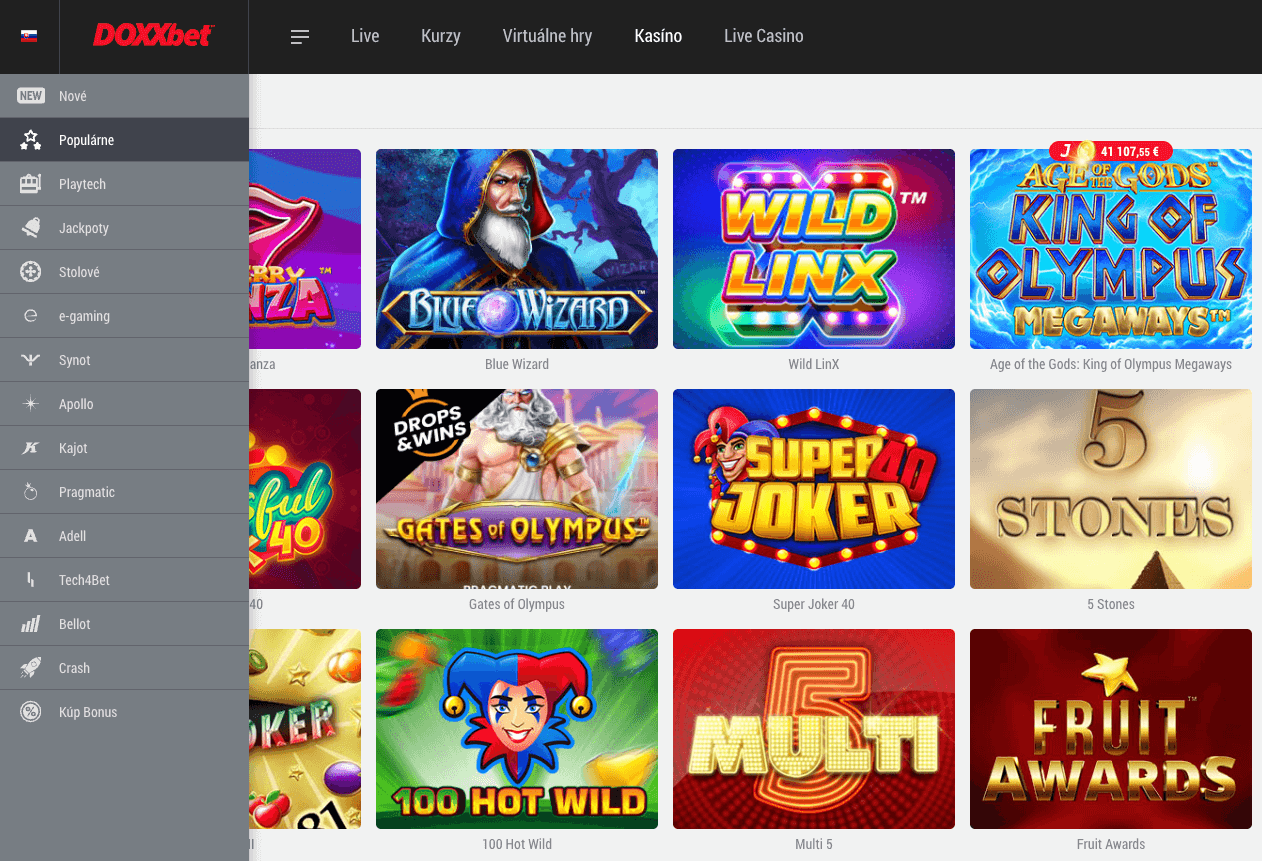 Ukážka filtra hier podľa výrobcov v DOXXbet kasíne