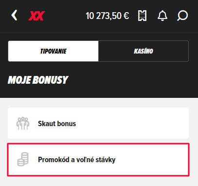 Sekcia Promokódy a voľné stávky v DOXXbet účte