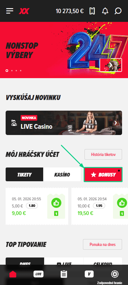 Menu účtu v DOXXbet: otvorenie sekcie Bonusy
