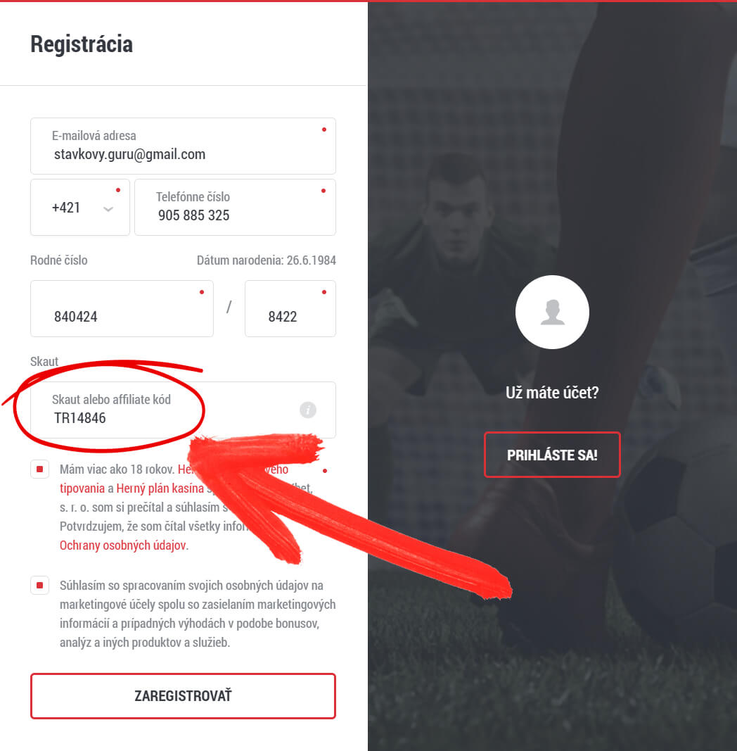 Screenshot Registrácia DOXXbet – Skaut kód TR14846