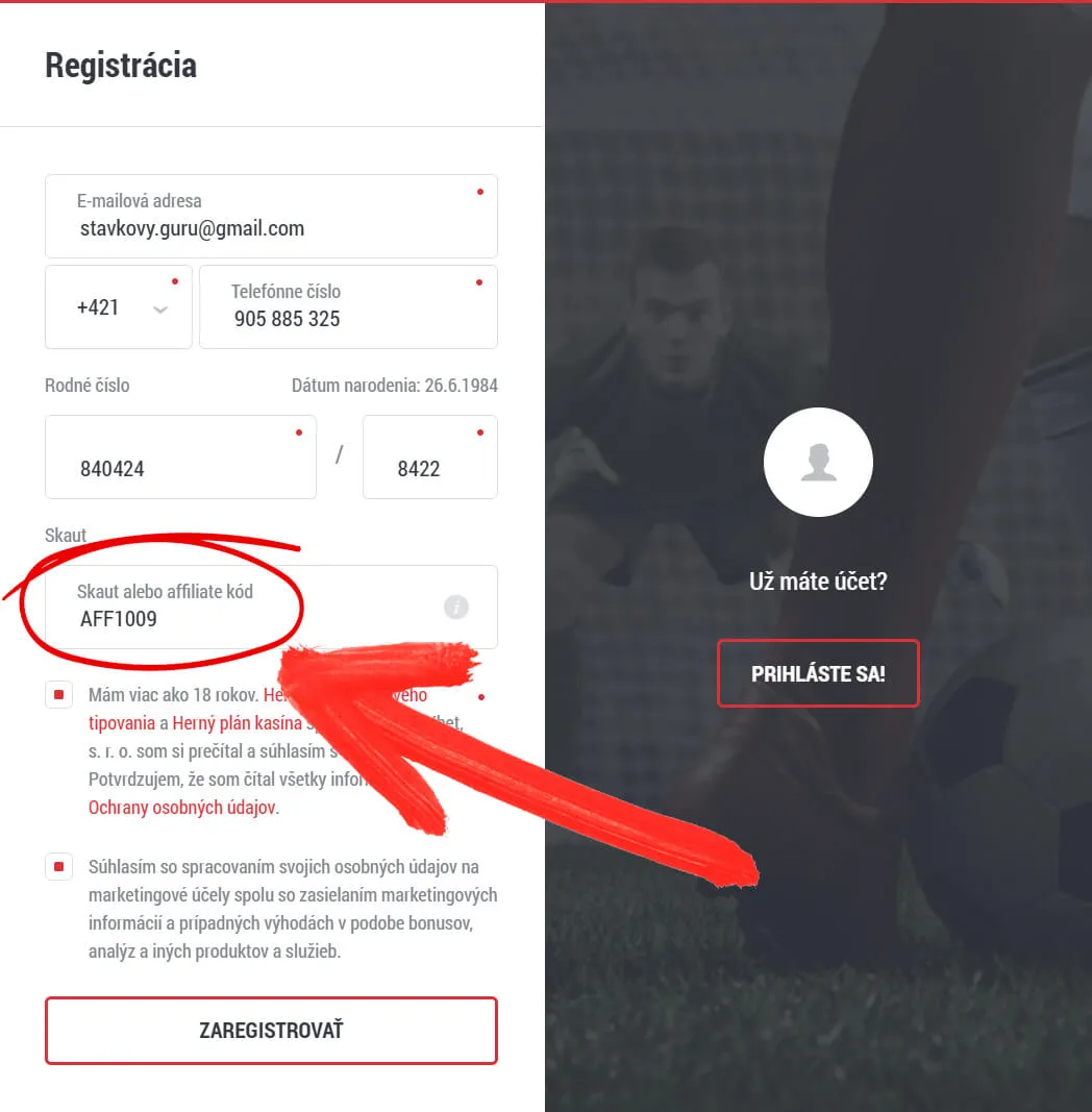 Kde zadať DOXXbet skaut kód AFF1009 v registračnom formulári