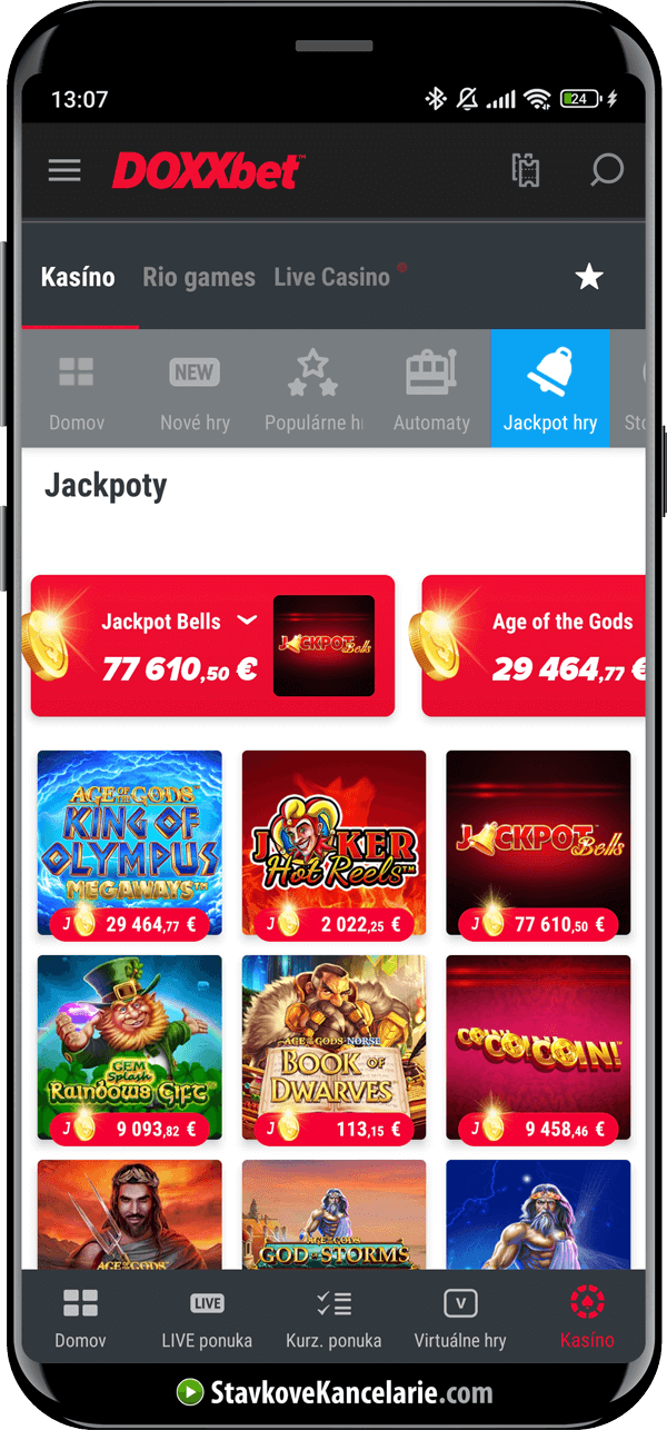 Jackpoty v aplikácii DOXXbet casino 