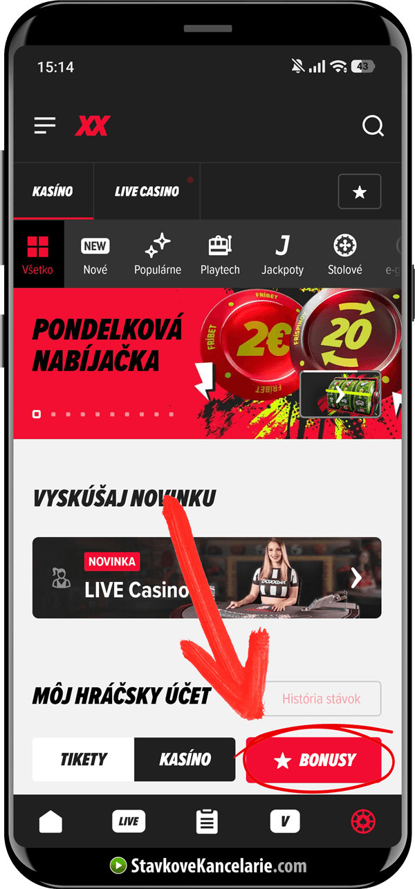 Kde hľadať bonusy do kasína DOXXbet v mobilnej aplikácii?