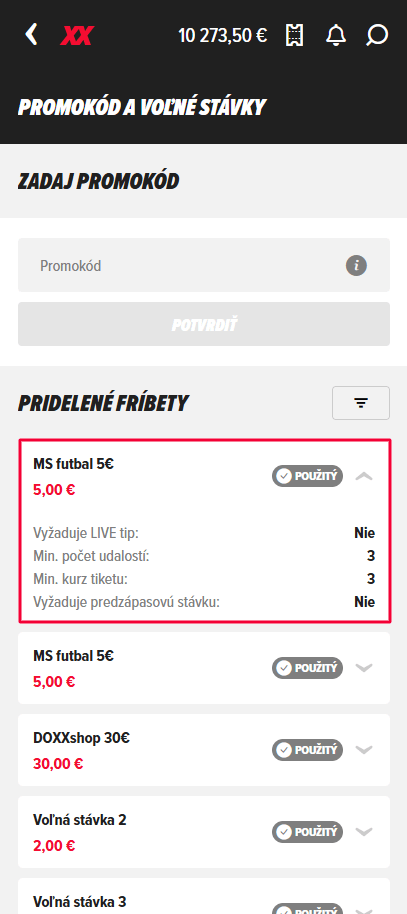 Zoznam pridelených fríbetov v DOXXbet účte