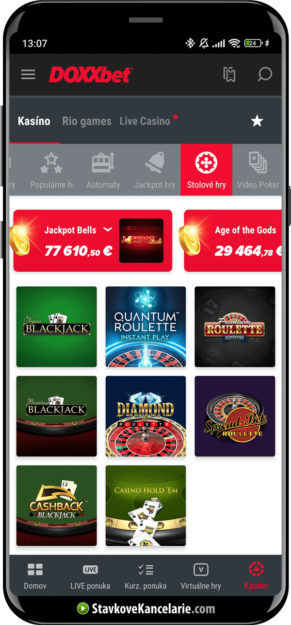Stolové hry v aplikácii DOXXbet casino