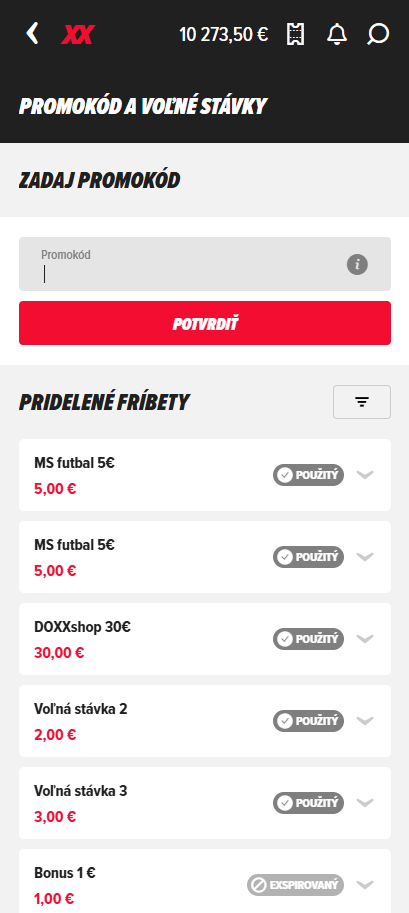Pole na zadanie promokódu v hráčskom konte DOXXbet