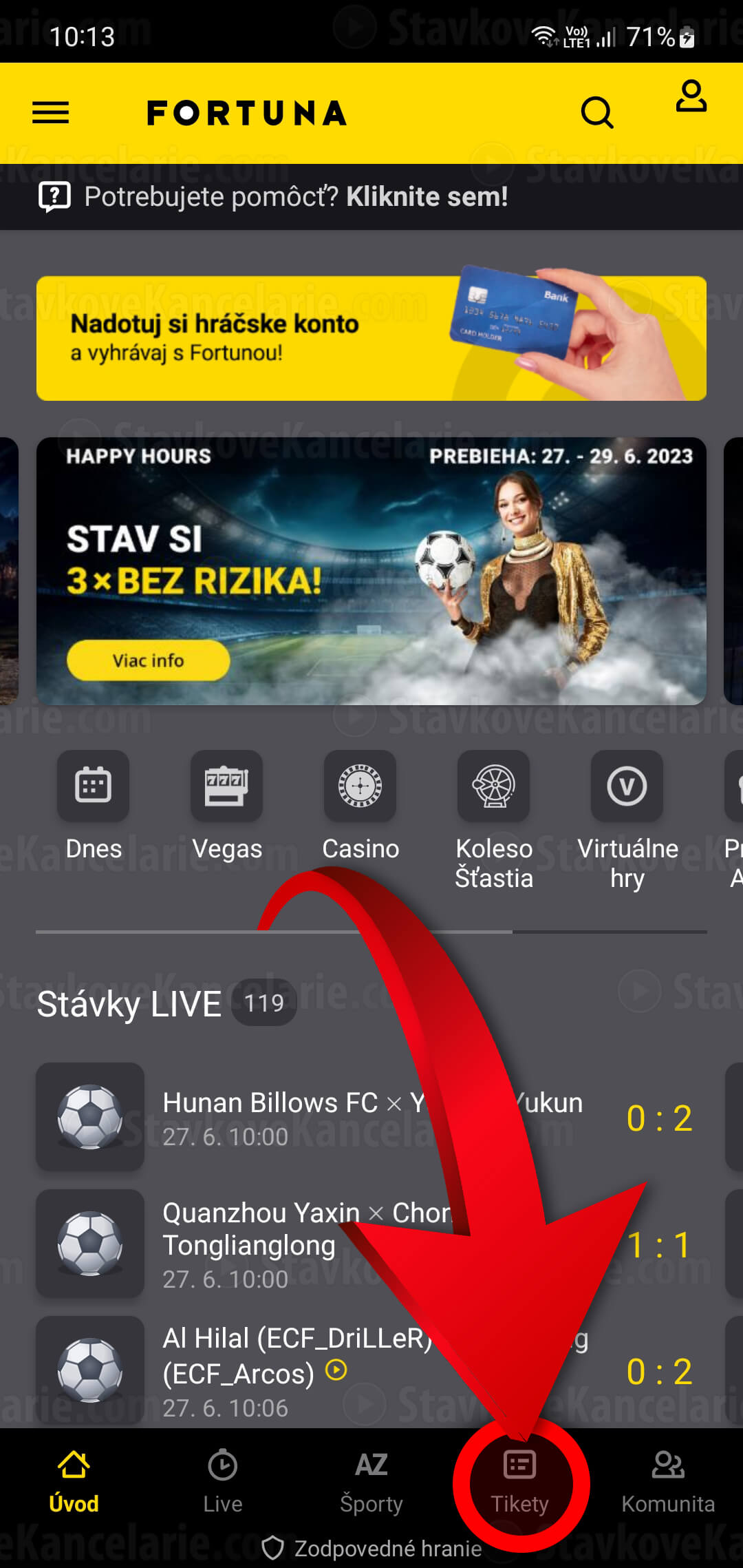 Kontrola tiketu v aplikácii Fortuna