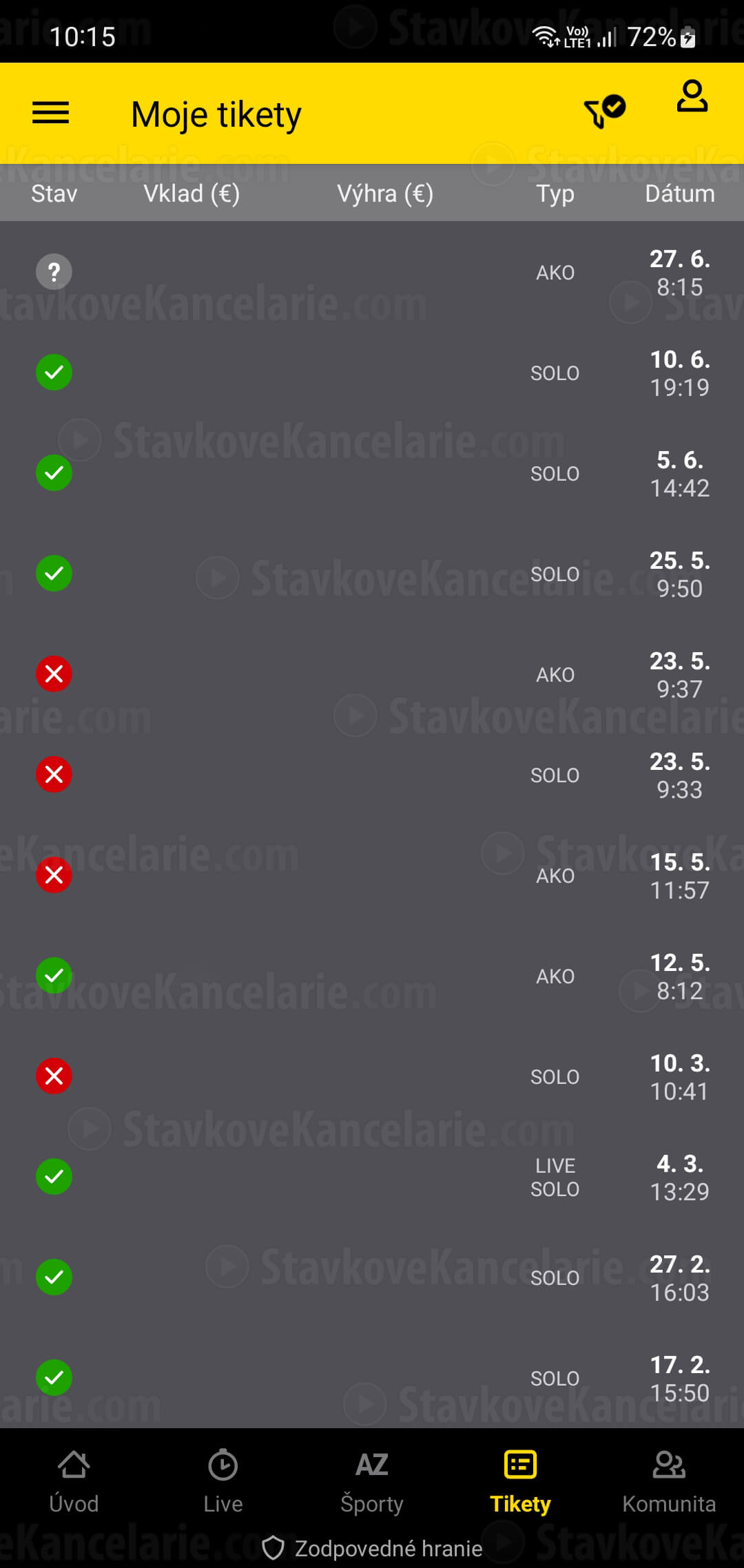 Zoznam podaných tiketov v aplikácii Fortuna