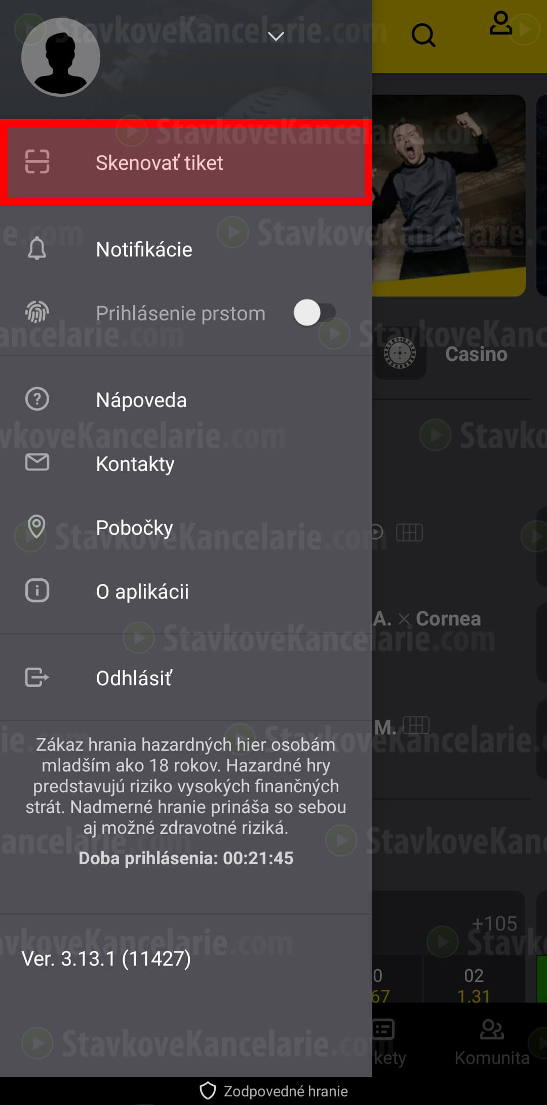 Menu v aplikácii Fortuna