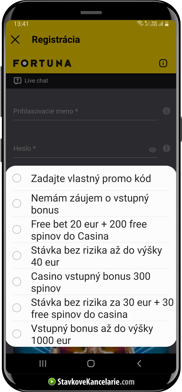 Rozbalené menu v aplikácii Fortuna s ponukou vstupných bonusov a možnosťou zadať vlastný promo kód