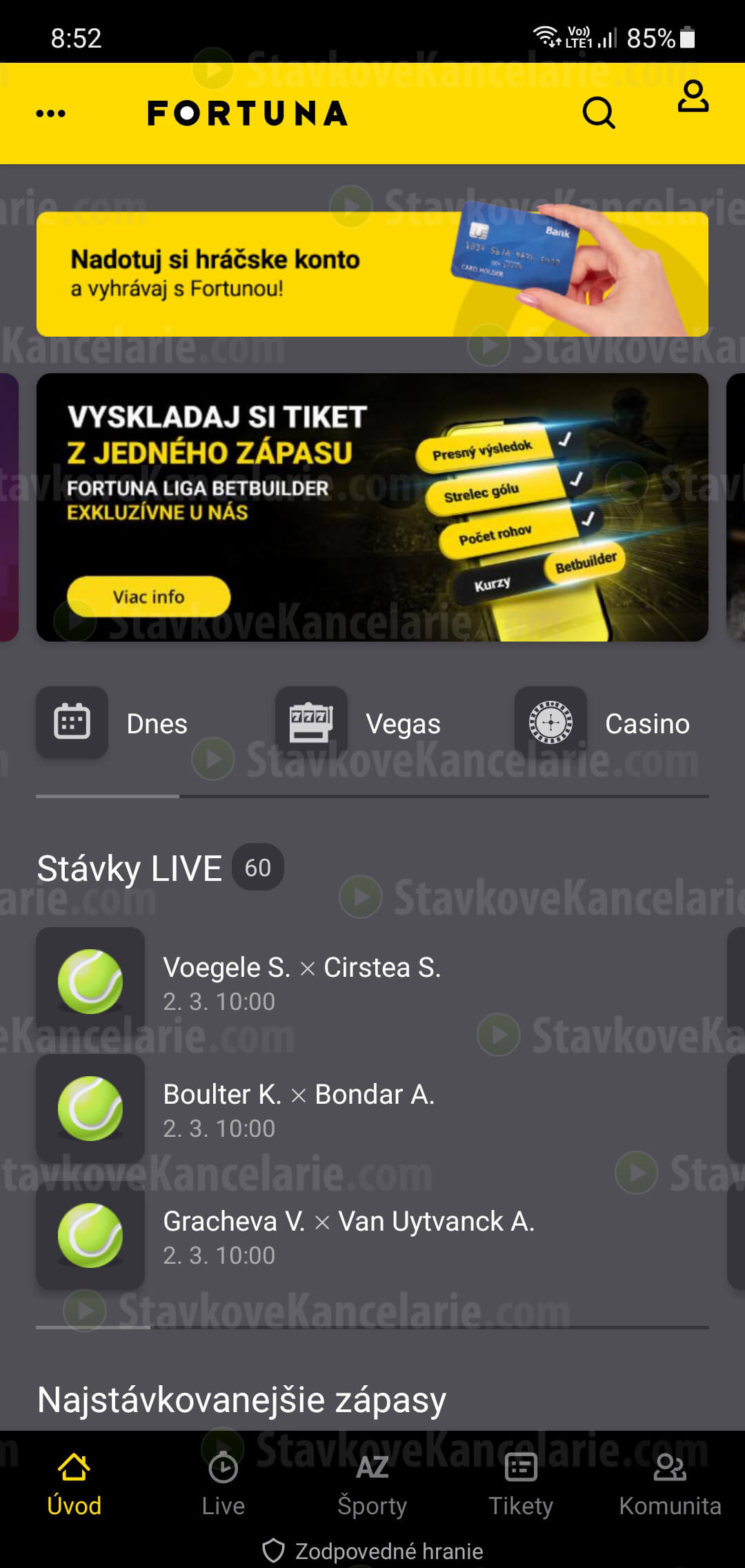 Fortuna aplikácia a úvodná obrazovka