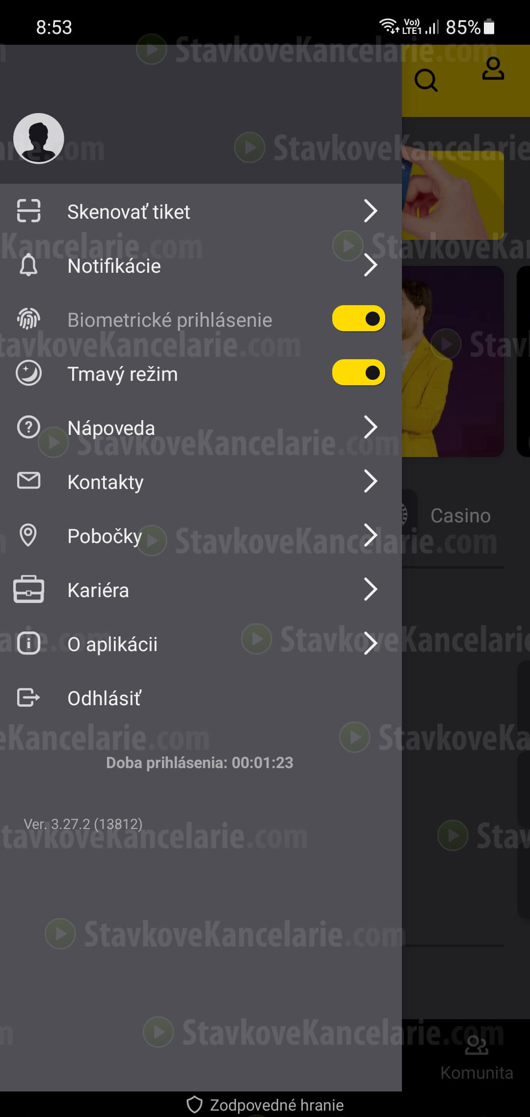 Bočné menu v mobilnej aplikácii Fortuna
