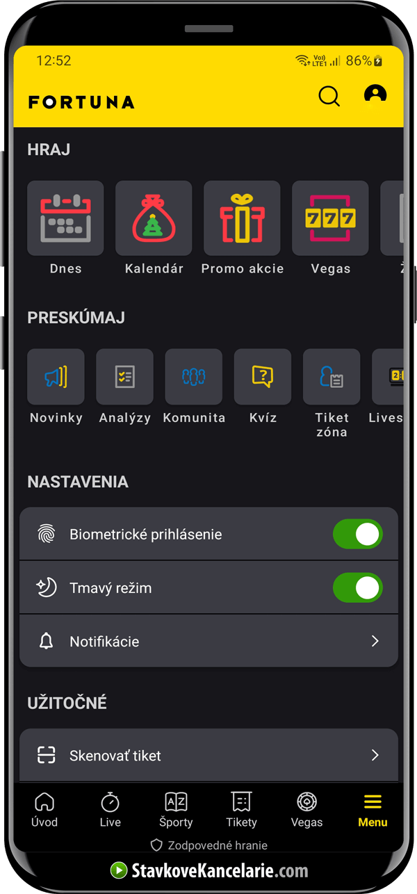 Bočné menu v mobilnej aplikácii Fortuna