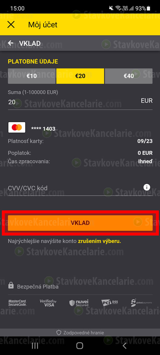 Vklad na Fortuna účet v mobile a cez kartu