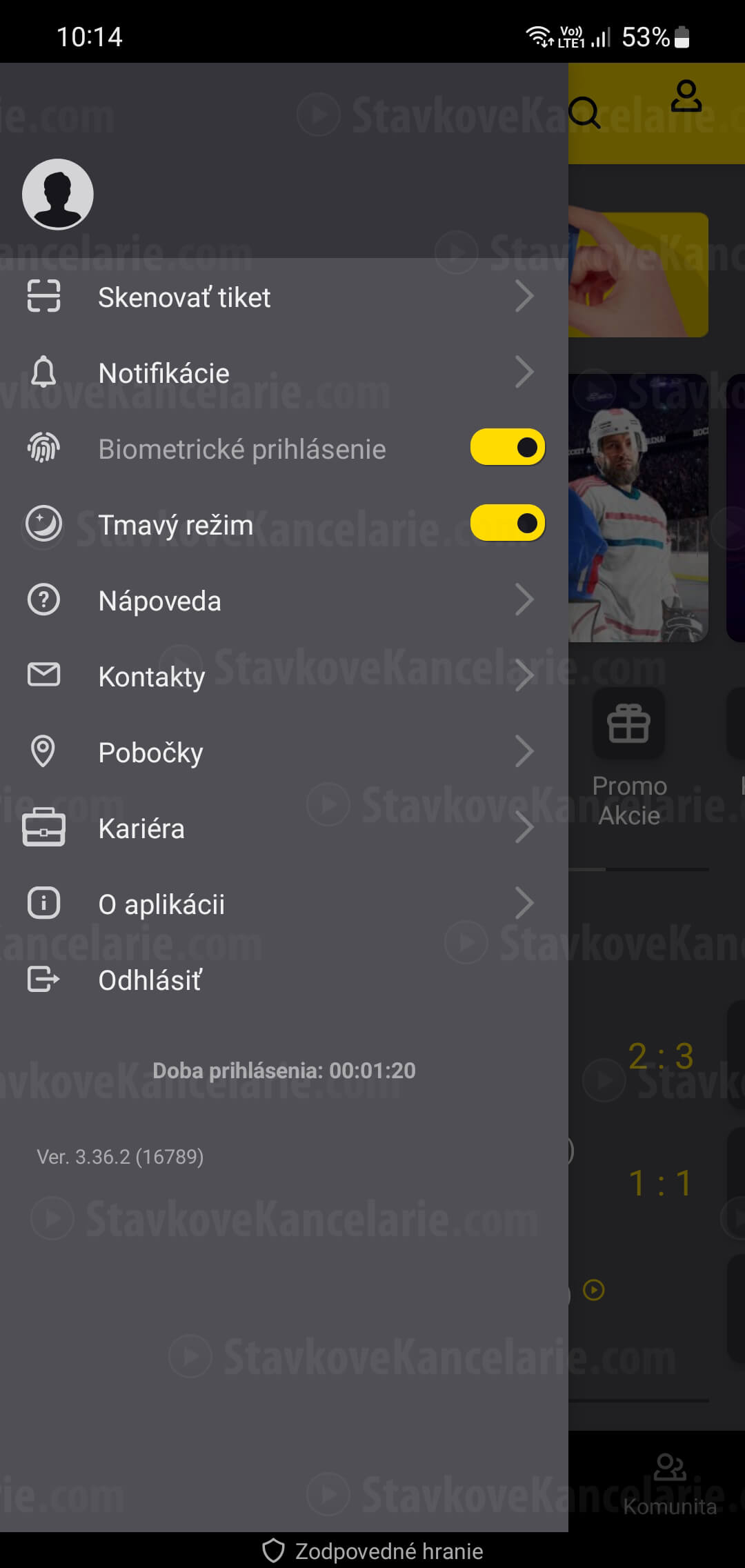 Bočné menu v mobilnej aplikácii Fortuna