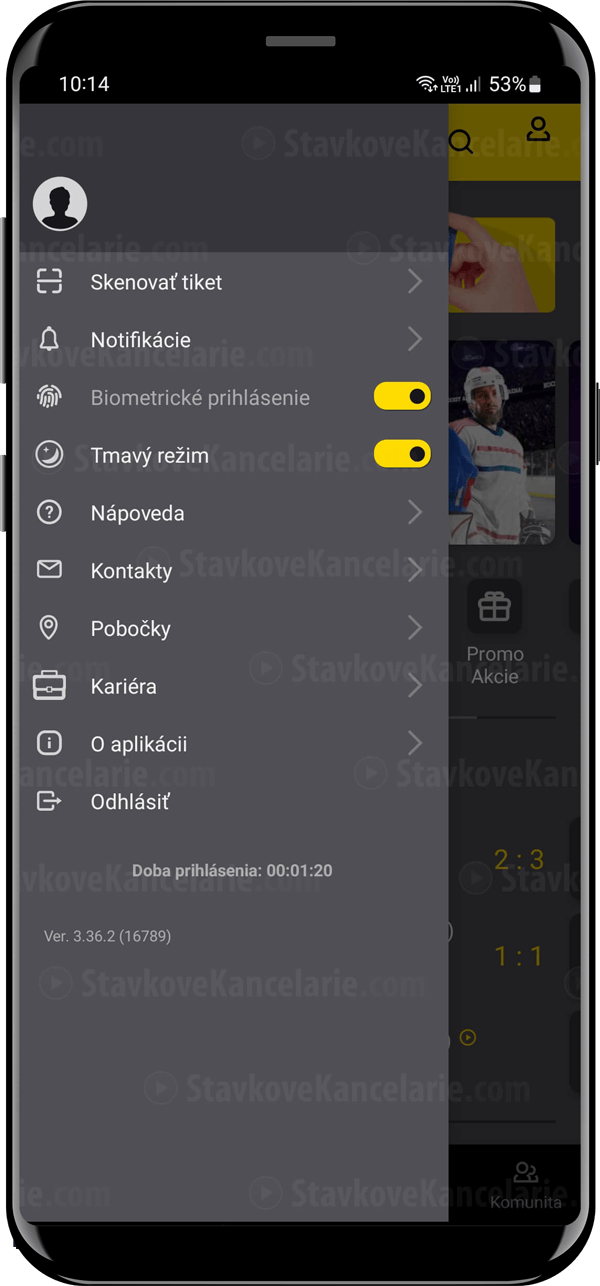 Bočné menu aplikácie Fortuna