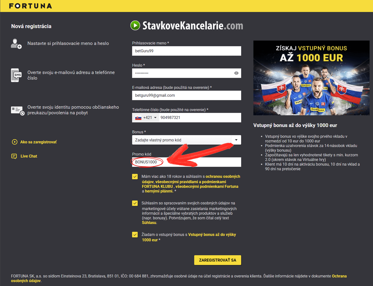 Registrácia Fortuna s promo kódom BONUS1000 – návod ako získať vstupný bonus 1.000 €