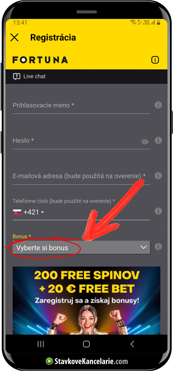 Ukážka mobilného registračného formulára vo Fortune s poľom pre výber bonusu a promo kódu