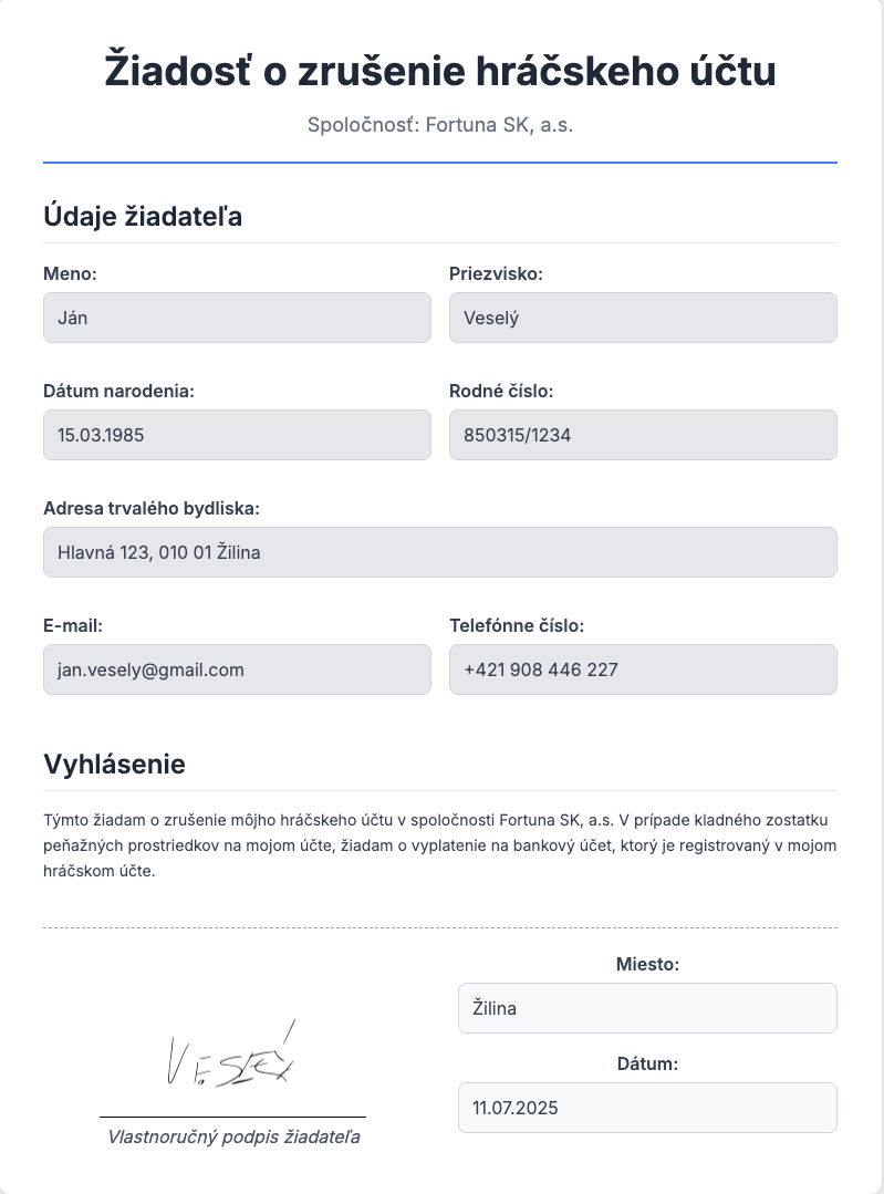 Žiadosť o zrušenie účtu vo Fortune Žiadosť o zrušenie účtu vo Fortune