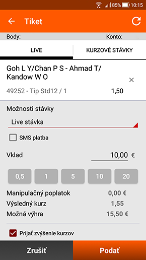 Live stávka v SYNOTtip aplikácii