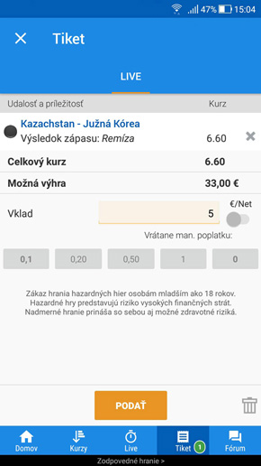 Live tiket v Tipsport appke