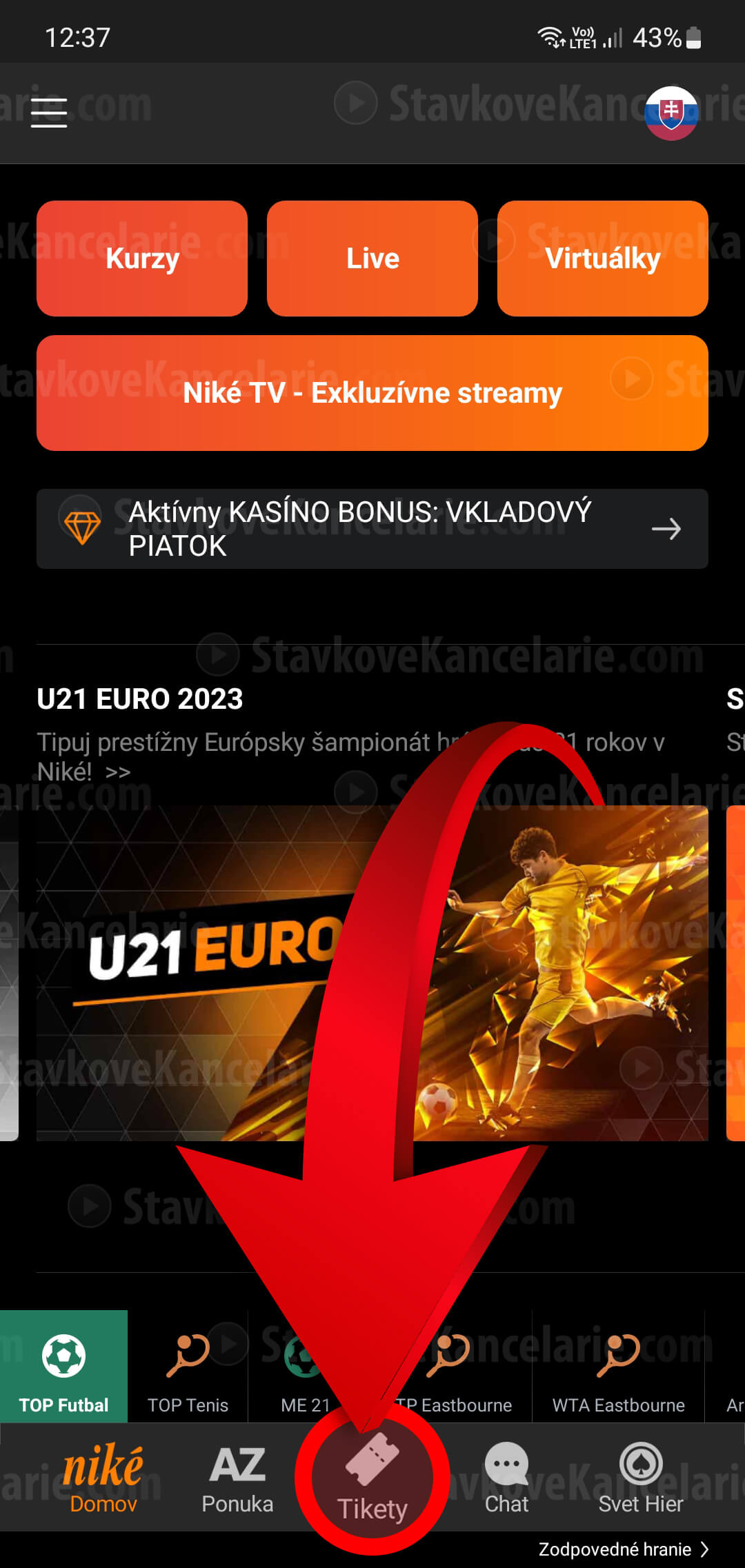Uvítacia obrazovka v aplikácii Niké