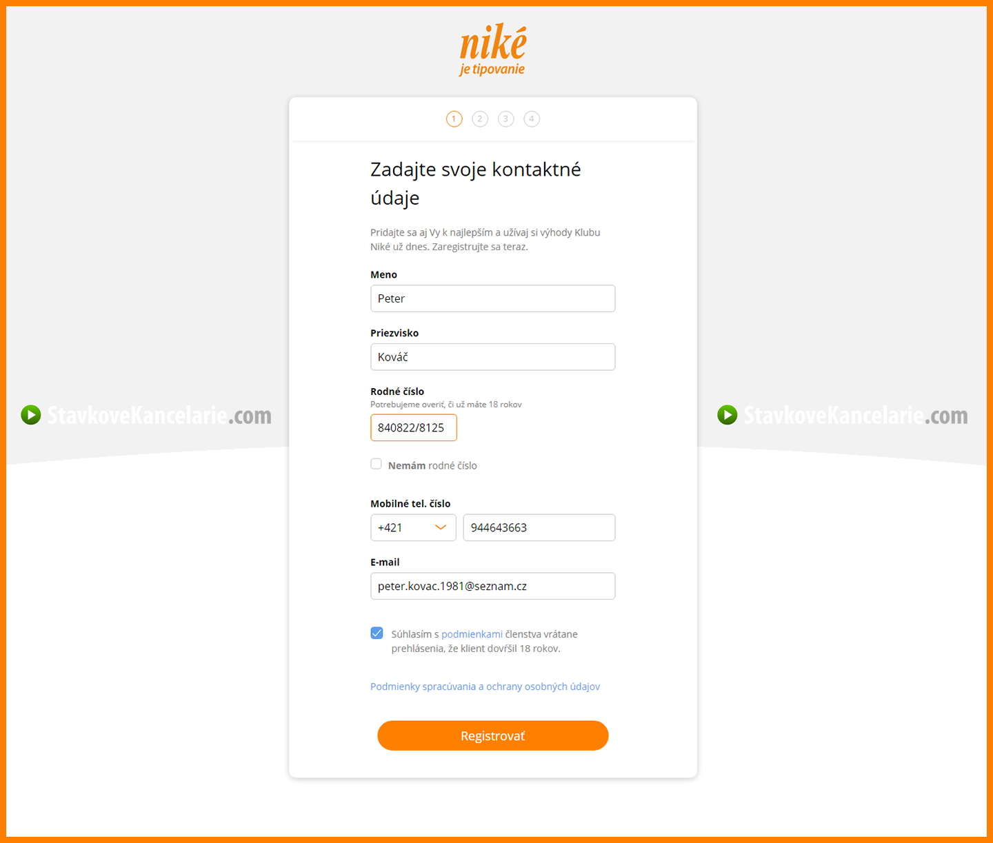 Registračný formulár pre Niké casino
