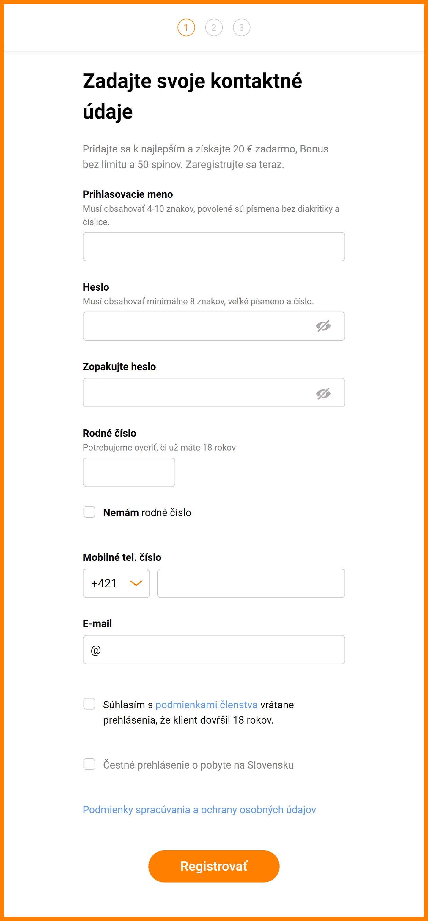 Registračný formulár v stávkovej kancelárii Niké