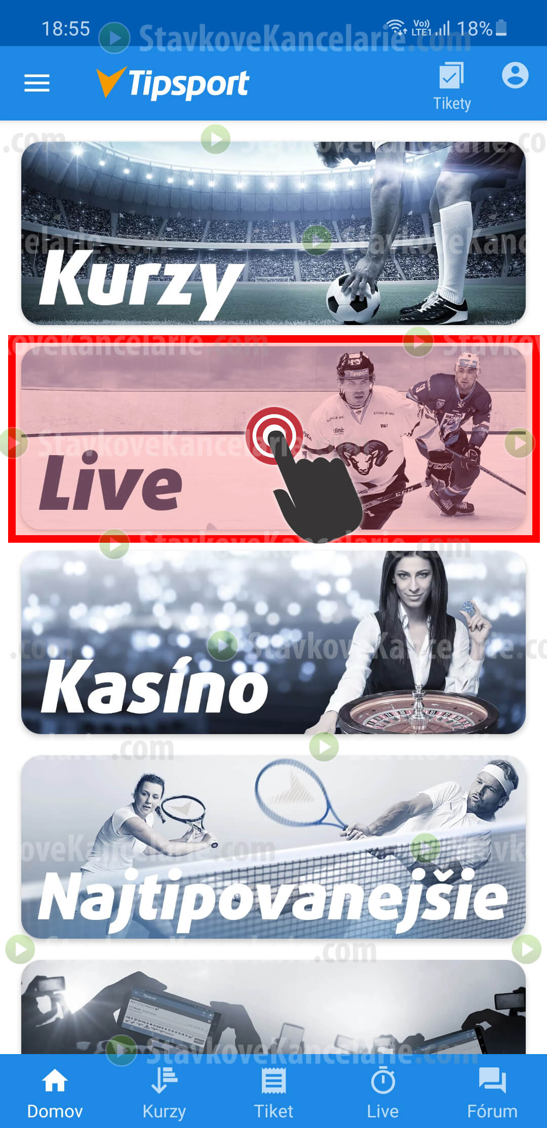 Menu v Tipsport aplikácii Hlavné menu v aplikácii Tipsport