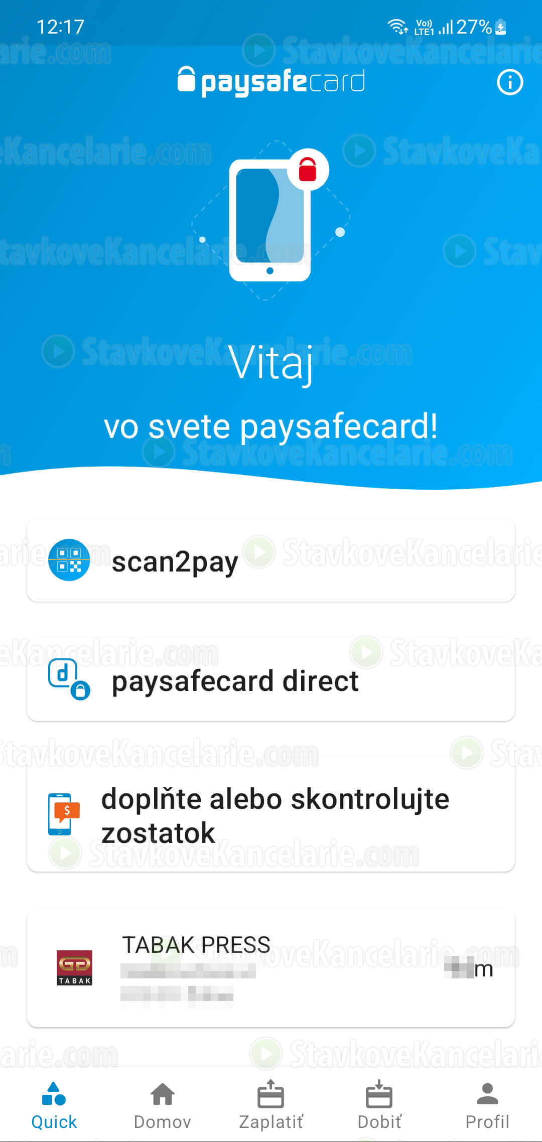 Úvodná obrazovka aplikácie paysafecard