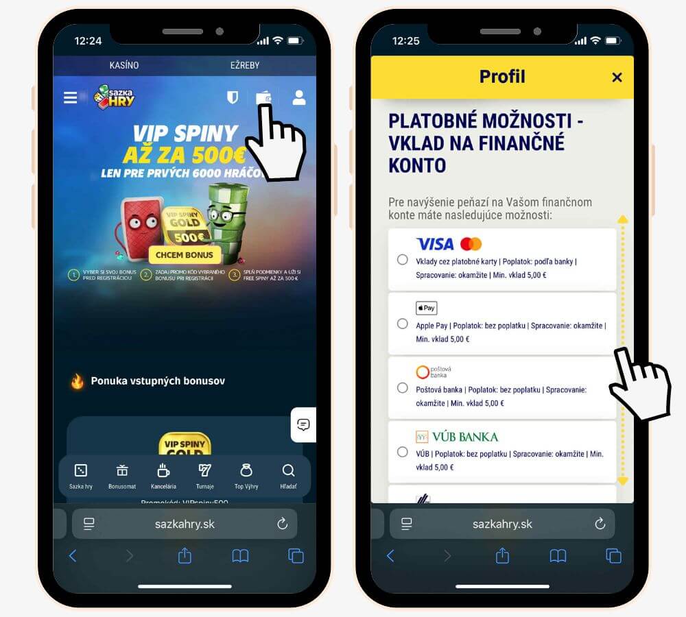 Návod ako otvoriť peňaženku a vložiť peniaze na účet v Sazka hry casine