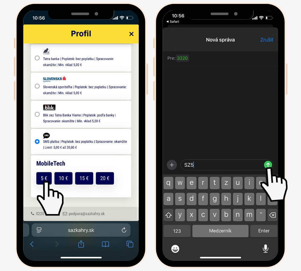 Ukážka odoslania SMS správy v tvare SZ5 na číslo 3320 pre dobitie Sazka konta