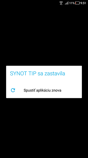 Chybová hláška v aplikácii SYNOTtip
