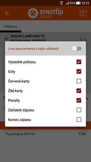 Nastavenie live notifikácií pre konkrétny zápas