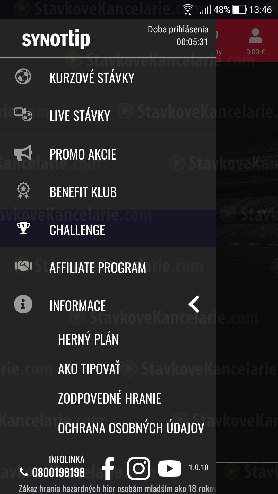 Bočné menu aplikácie SYNOT TIP