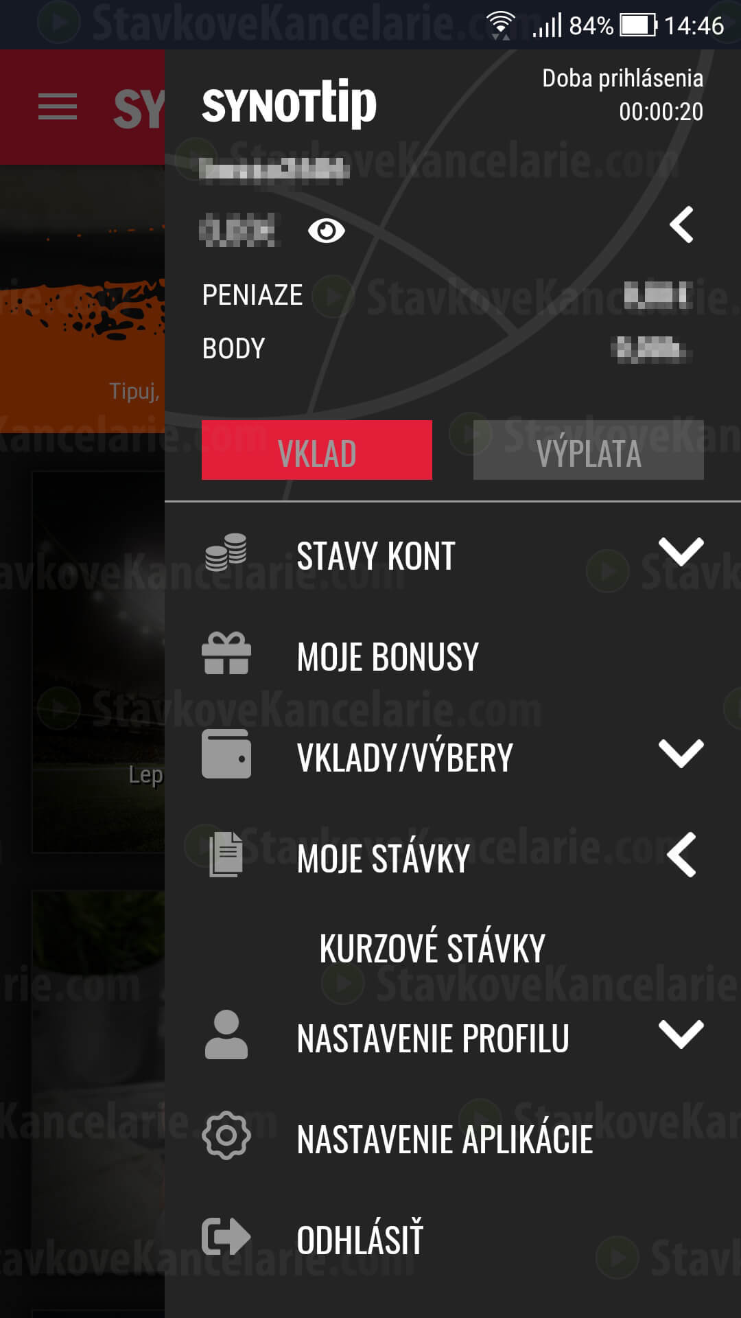 Menu nastavení aplikácie SYNOT TIP