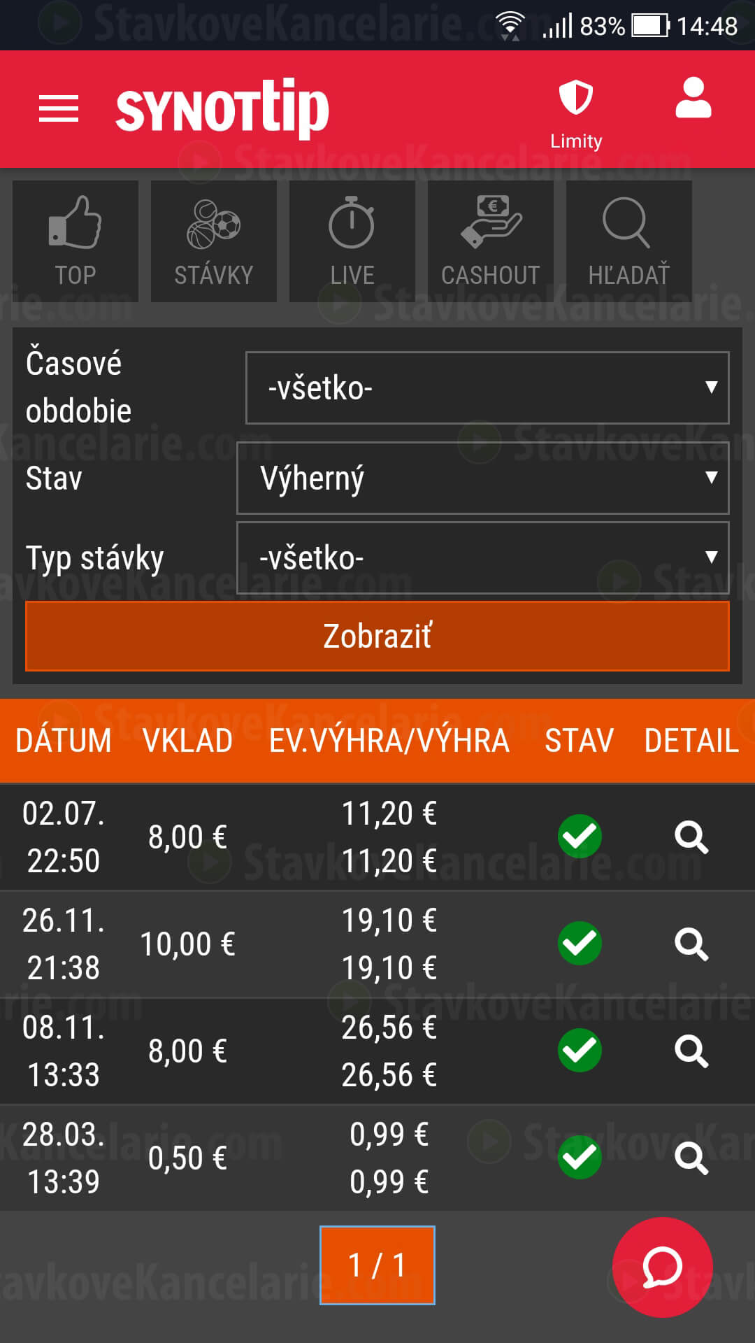 Filter podaných stávok v appke SYNOT TIP