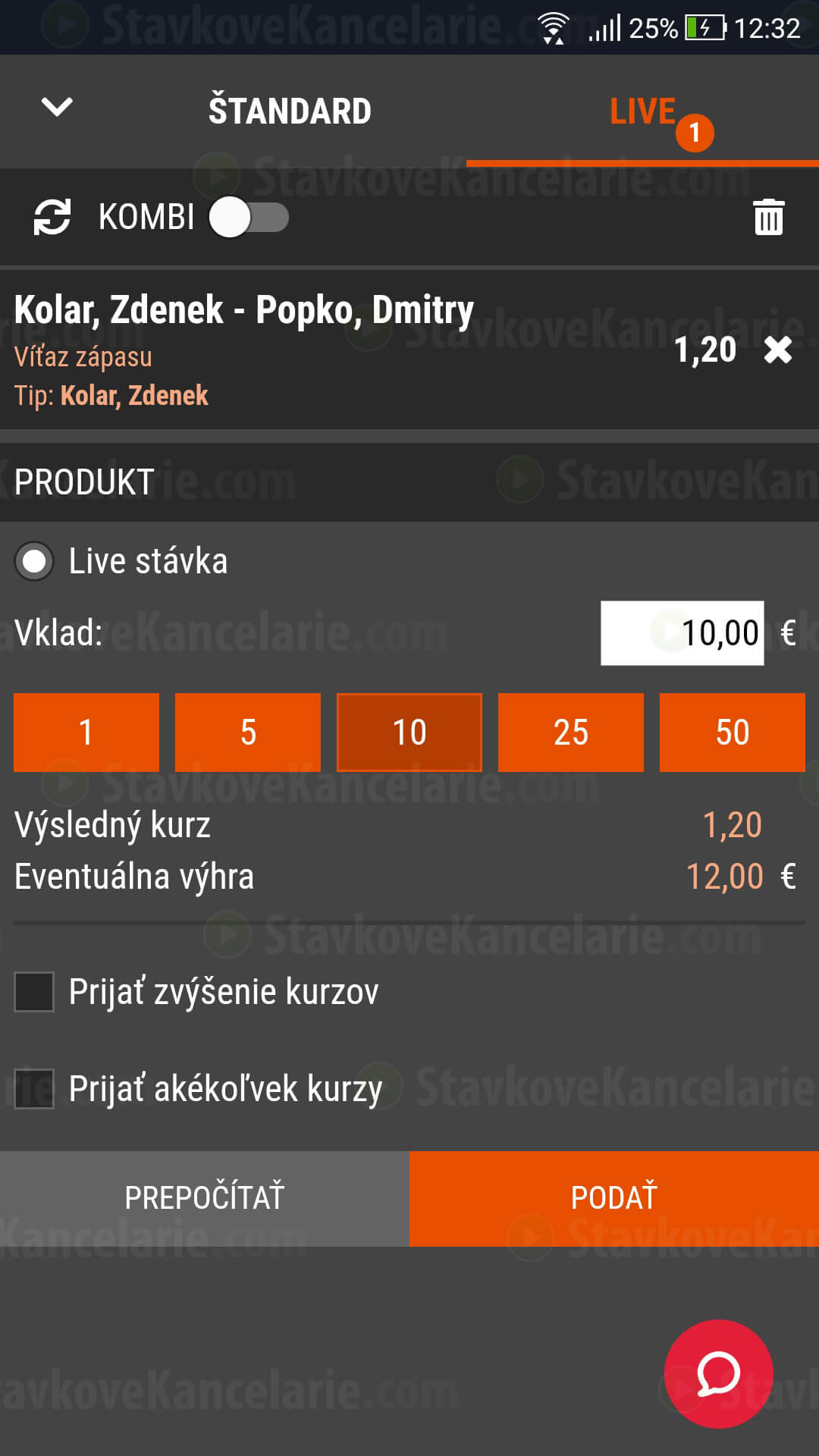 Live stávka v mobilnej aplikácii SYNOT TIP